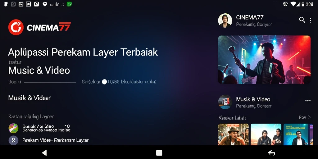 Antarmuka aplikasi CINEMA77 saat merekam layar dengan berbagai fitur.